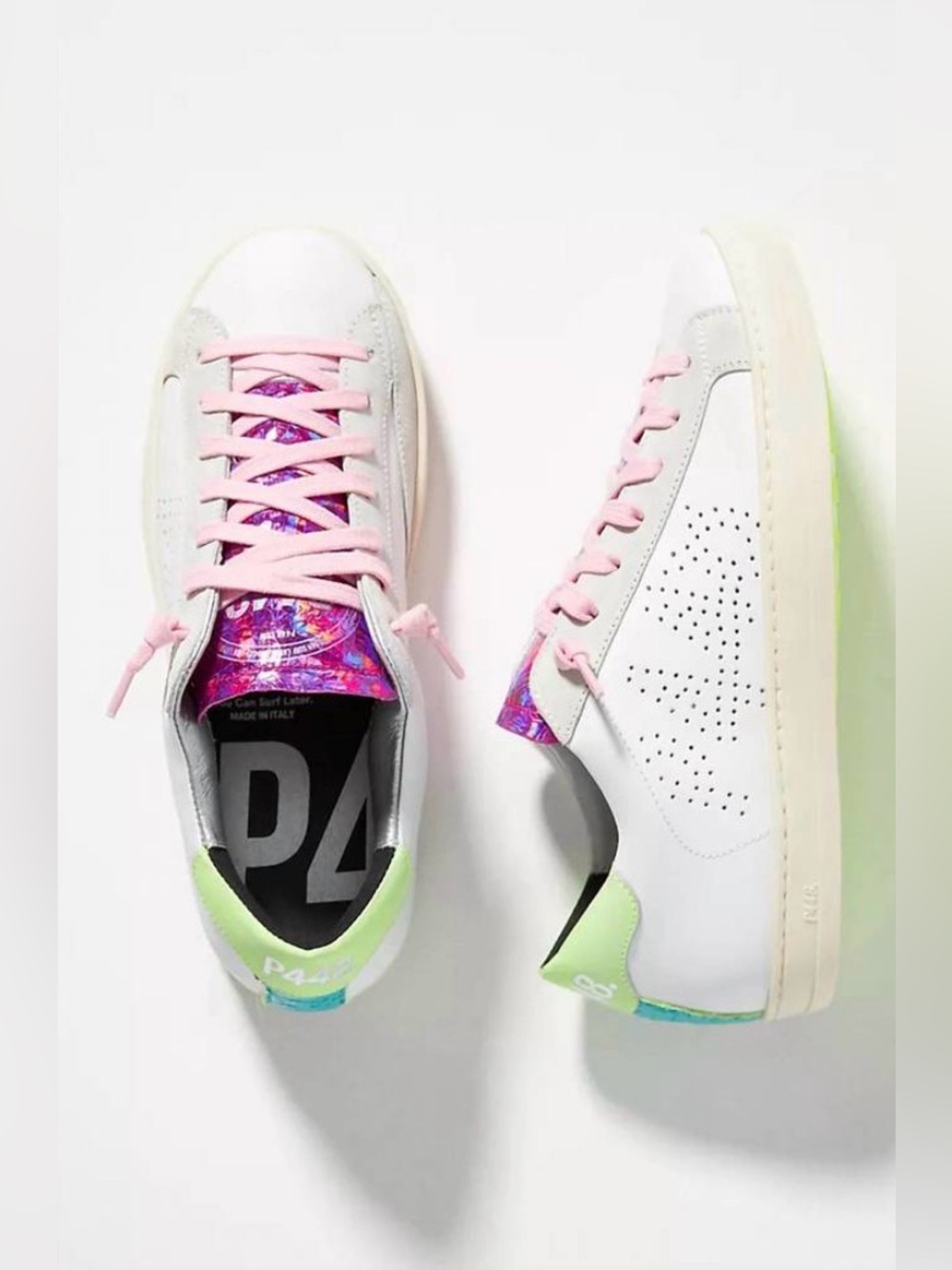 P448 John Dogma Sneakers White Leather Pink Glitter Neon Accents EU 37 US 6.5-7